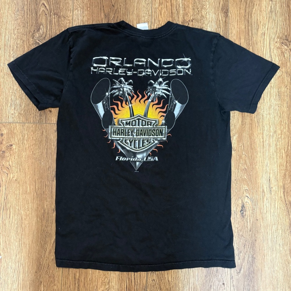 Harley Davidson Orlando Florida Palm Tree Graphic Biker T Shirt Mens L Black y2k